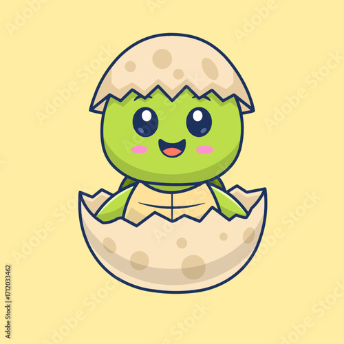 Cute Baby Turtle Hatching from Egg Shell Vector Illustration. 