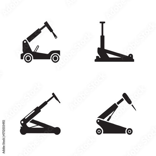 Set of hydraulic jack solid icons isolated on white background