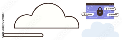 Cloud graphic with a secure browser tab featuring a lock and password fields in a minimal style. Ideal for storage, cybersecurity, encryption, privacy, technology, safety, data access. Simple flat