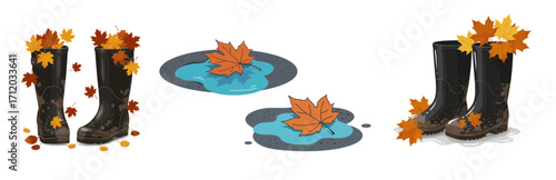 Dirty wet boots with autumn leaves in puddles vector set on transparent background