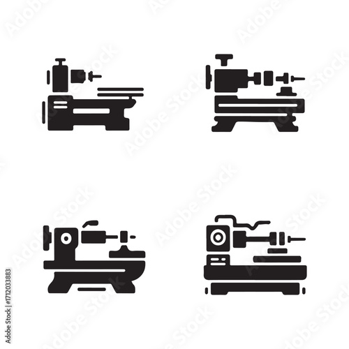 Lathe machine solid icons set isolated on white background