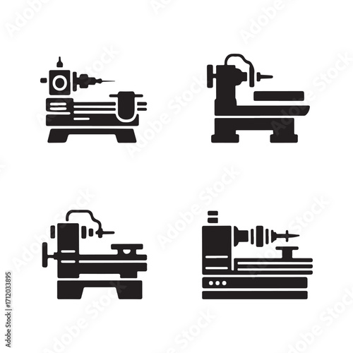 Lathe machine solid icons set isolated on white background