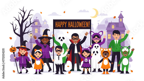 Festive Halloween Gathering: A delightful assortment of costumed children and adults come together to celebrate Halloween, accompanied by spooky buildings, pumpkins and a message of fun and happiness.
