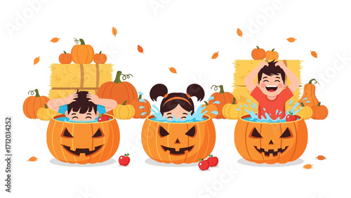 Halloween Pumpkin Splash: A festive Halloween illustration featuring children playing in carved pumpkins, with pumpkins scattered around. The joyful scene captures the spirit of autumn fun.