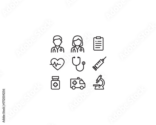 Doctor vector icon black and white illustration set