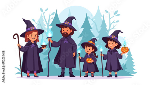 Enchanted Gathering: A family of witches, dressed in regal attire, stands amidst a mystical forest, each holding symbols of magic and mystery for the night.