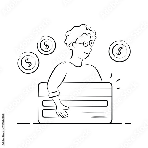 Hand drawn illustration of a man holding a credit card, premium vector