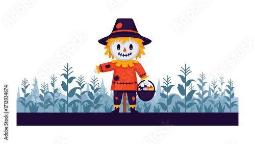 Autumn Scarecrow: Delightful autumn illustration featuring a cheerful scarecrow amidst a cornfield, ready for harvest.