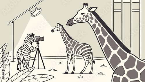 A zebra photographer taking pictures of giraffes in a studio setting.