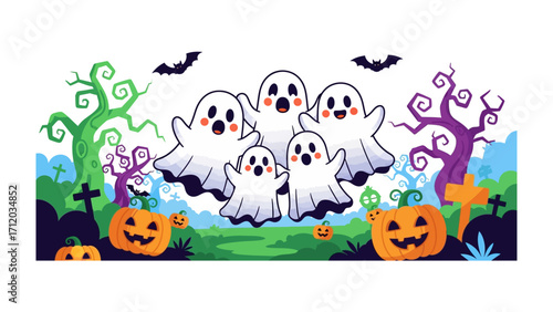 Halloween Gathering of Friendly Ghosts: A charming, cartoonish depiction of a cheerful gathering of friendly ghosts, complete with jack-o'-lanterns, gnarled trees, and bats.