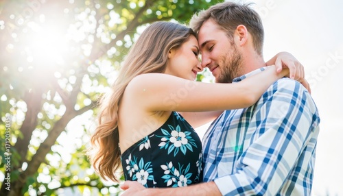 Romantic moment between couple park photography bright natural setting close-up love and connection