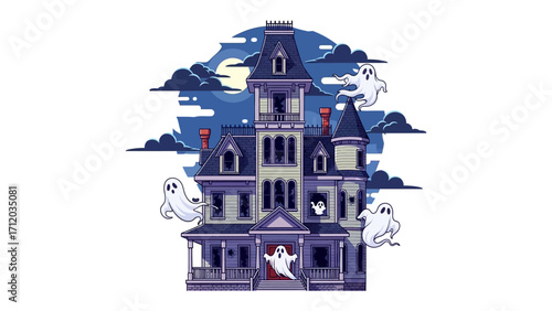 Spooky Mansion Illustration: A hauntingly beautiful illustration of a spooky mansion under a moonlit night sky, with ethereal ghosts adding to the eerie atmosphere.