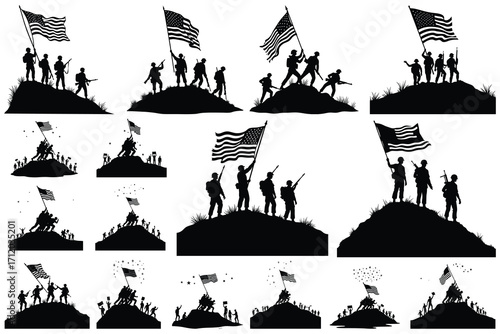 Silhouettes of soldiers raising American flags on hills and raising flags on a mountain