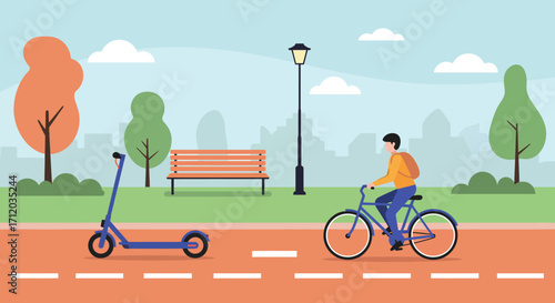 A cartoonstyle illustration of a park with a person riding a bicycle and a scooter