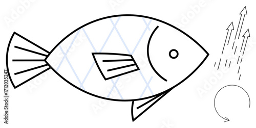 Fish with diamond textures, curved lines, and upward arrows suggest evolution, growth, innovation, and sustainability. Ideal for ecology, biology, innovation fishing renewable energy minimalism