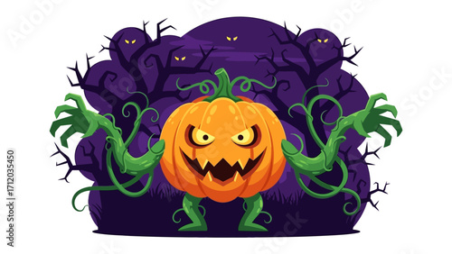 Spooky Halloween Pumpkin: An animated spooky carved pumpkin with sharp eyes stands against a dark forest backdrop, inviting viewers into a playful embrace of the spooky season.