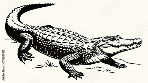 Black and White Alligator Illustration Reptile Wildlife Danger Wild Animal Monochrome Graphic Design Nature Zoology Animal Print Scaly Skin Predator Reptilian Dangerous Animal Carni.