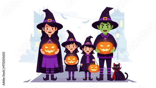 Halloween Family Gathering: A group of family dressed in Halloween costumes posing with carved pumpkins. This image encapsulates the festive spirit, and traditions, and represents the family bond. 