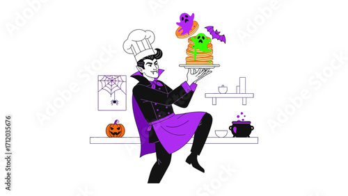 Spooky Chef's Sweet Delights: An illustration showcasing a chef dressed in Halloween attire, creatively presenting a stack of pancakes adorned with thematic toppings and playful, ghost, bat, cauldron.