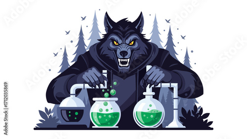 Mysterious Potion: A menacing werewolf in a lab coat stands over bubbling beakers in a dark, fantastical laboratory, crafting a potent elixir.
