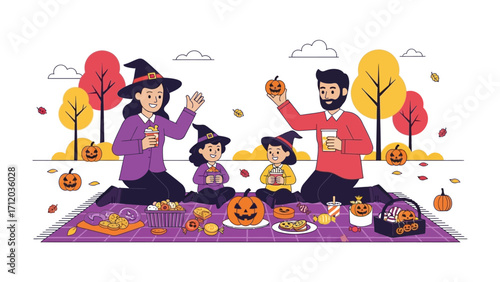 A Family Halloween Picnic: A delightful family, dressed in festive attire, gathers for a Halloween picnic amidst the vibrant hues of autumn, celebrating the season with joy and treats.