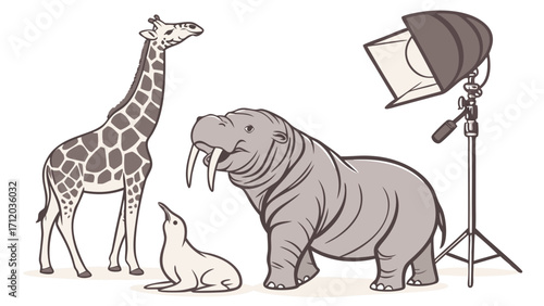 Cartoon Animals on Set Giraffe Hippo Seal and Studio Lighting Illustration.