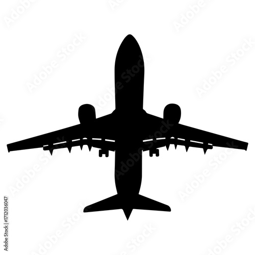 Black silhouette of a passenger airplane isolated on white background, minimal vector design symbolizing travel, aviation, transportation, air flight, tourism, business trip, and global connectivity.