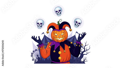 Spooky Jester's Halloween Carnival: A chillingly cheerful illustration of a Halloween jester juggling ghostly skulls.  The carnival's eerie atmosphere is heightened by the spooky pumpkin head.