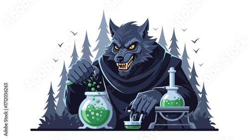 Werewolf Alchemist: A captivating illustration of a werewolf brewing a potent potion. It's a scene of fantasy.