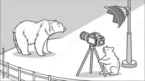 Cartoon illustration of a photography session with a large bear and a small bear photographer.