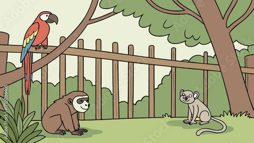 Cartoon illustration of monkeys and a parrot in a zoo enclosure.