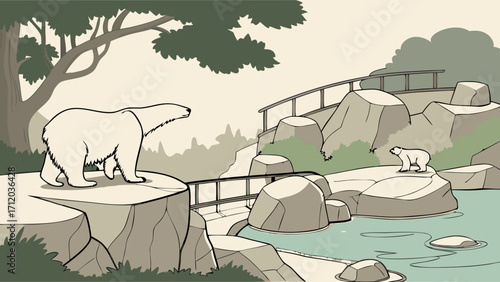 Cartoon illustration of polar bears in a rocky habitat with water feature.