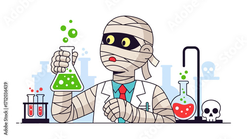 Mummy Scientist's Experiment: A mummy scientist conducts a scientific experiment in a laboratory, with test tubes and beakers filled with colorful chemicals.