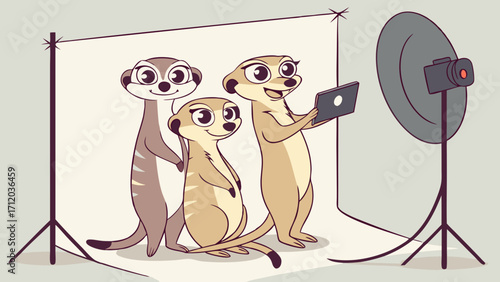 Cartoon meerkats in a photography studio setup digital art cute animals illustration.