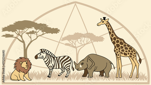 Cartoon Safari Animals Illustration Lion Zebra Rhinoceros and Giraffe in African Savanna Setting.