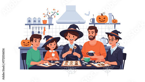 Halloween Baking: A cozy family scene unfolds as they gather around a kitchen table, immersed in the creative process of making Halloween treats, adorned in witch hats.