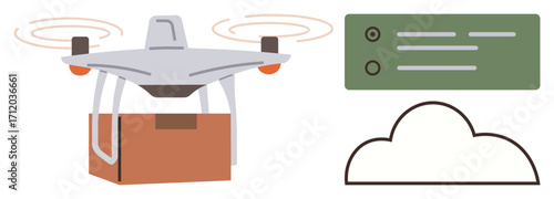 quadcopter carrying a box in flight alongside a cloud graphic and a control dashboard. Ideal for delivery, automation, technology, logistics, cloud computing, remote control, innovation. Simple flat