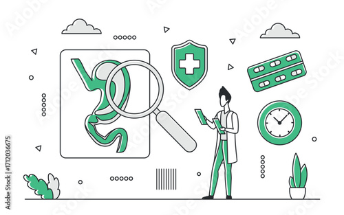 Medical professional analyzing stomach health with magnifier, surrounded by medicine, clock, and healthcare icons, green monocolor style, isolated on white background vector illustration