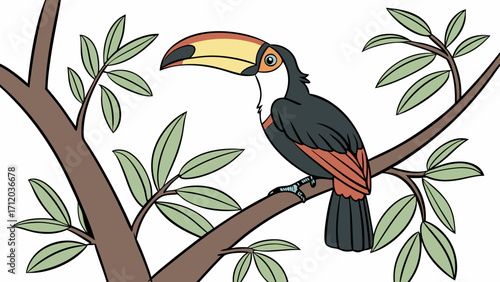 Cartoon Toucan Bird Perched on Branch with Green Leaves Tropical Bird Illustration Wildlife Animal Design for Kids Book Childrens Story Educational Material Nature Print Poster Card.
