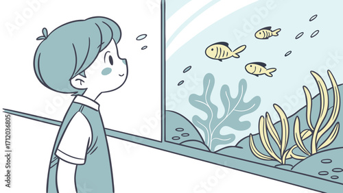 Child looking at fish tank aquatic life underwater scene illustration cartoon kid watching fish marine animals sea life aquarium childs curiosity underwater plants ocean sea illustra.