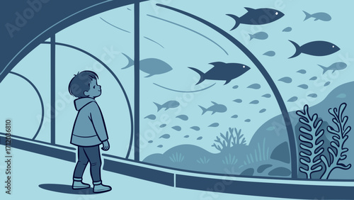 Child looking at aquarium fish underwater scene ocean life illustration.