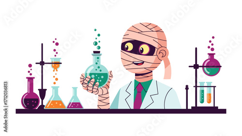 Mummy Scientist in Lab: A mummy character stands in a lab, surrounded by various scientific apparatus, mixing chemicals and conducting experiments in a quirky yet engaging illustration
