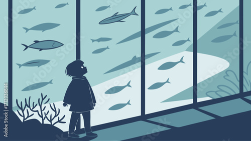 Child observing aquatic life in a large aquarium underwater scene marine wildlife illustration.