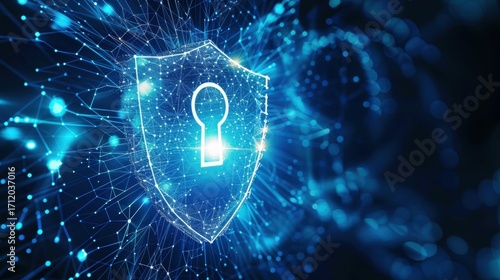 Digital shield with keyhole on blue network background representing cyber security concept
