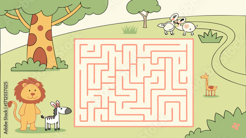 Cute Animal Maze Game for Kids Educational Activity Cartoon Illustration.