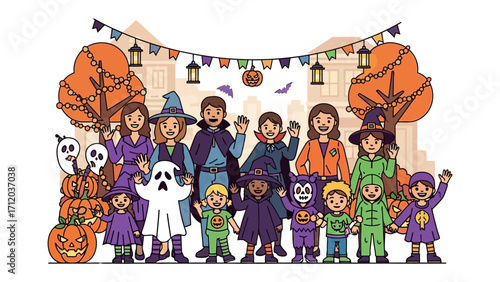 Spooktacular Gathering: A vibrant gathering of children and adults dressed in Halloween costumes, framed against a festive backdrop of autumn decorations.