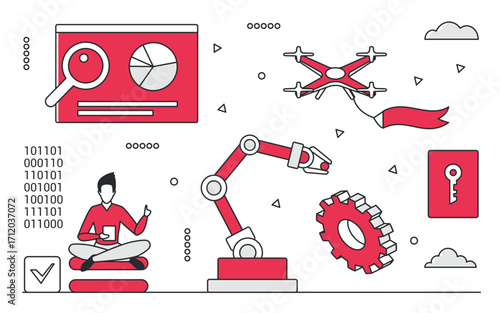 Contemporary technology gadgets including robotic arm, drone, data analysis, and coding elements in red monocolor style, representing innovation and digital progress vector illustration