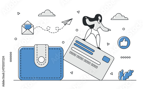 Modern blue monocolor design showing a wallet, credit card, and digital payment elements, ideal for finance, banking, and online transaction themes, isolated on white background vector illustration