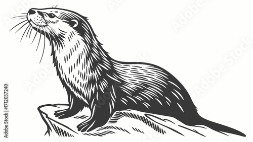 Engraving style illustration of an otter sitting on a rock wildlife animal nature design black and white.