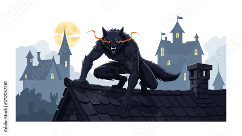 Werewolf on the Rooftop: A fearsome werewolf perched on a rooftop under the night sky, with glowing eyes and a menacing pose, setting a tone of mystery and horror.